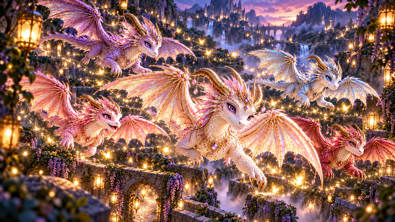 The friends flying through the lantern-lit gardens at dusk