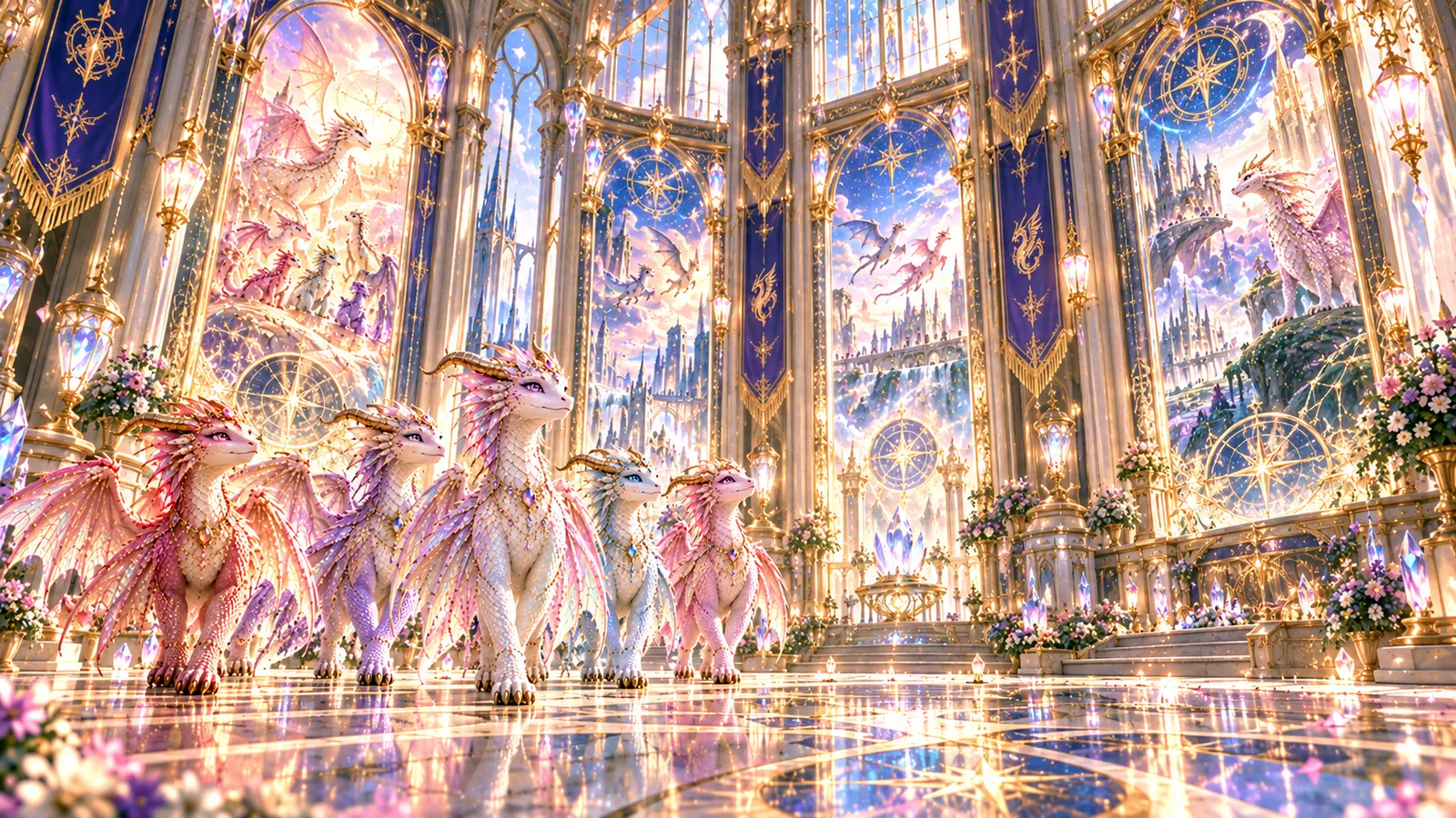 The five friends in the great hall beneath the tall windows of dragon stories
