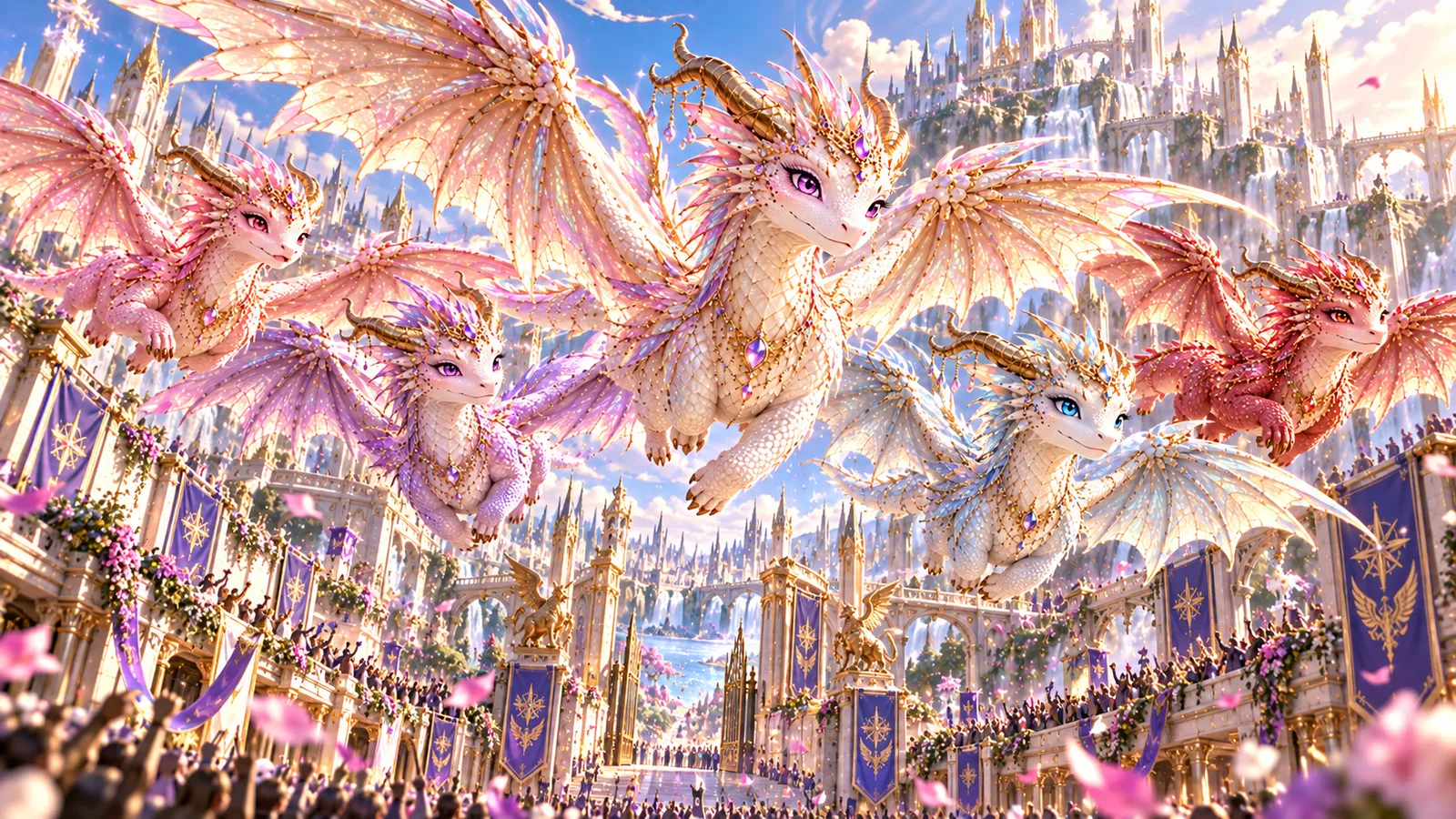 The five friends flying in formation over the Academy past its banners