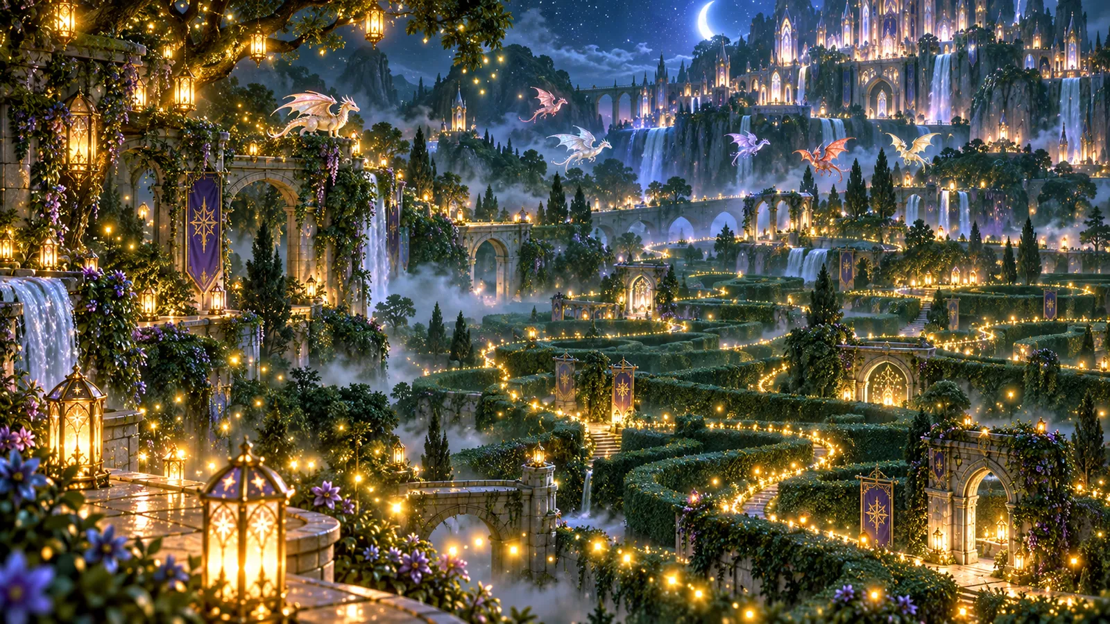 The Firefly Labyrinth winding through the mountains at night, lit by fireflies