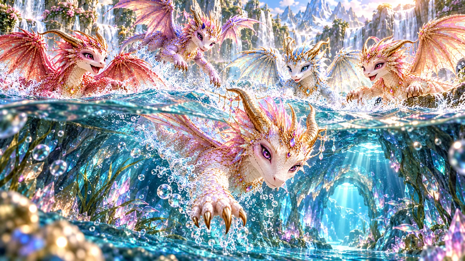 Aster diving beneath the waves of the mountain lake toward a glowing underwater passage