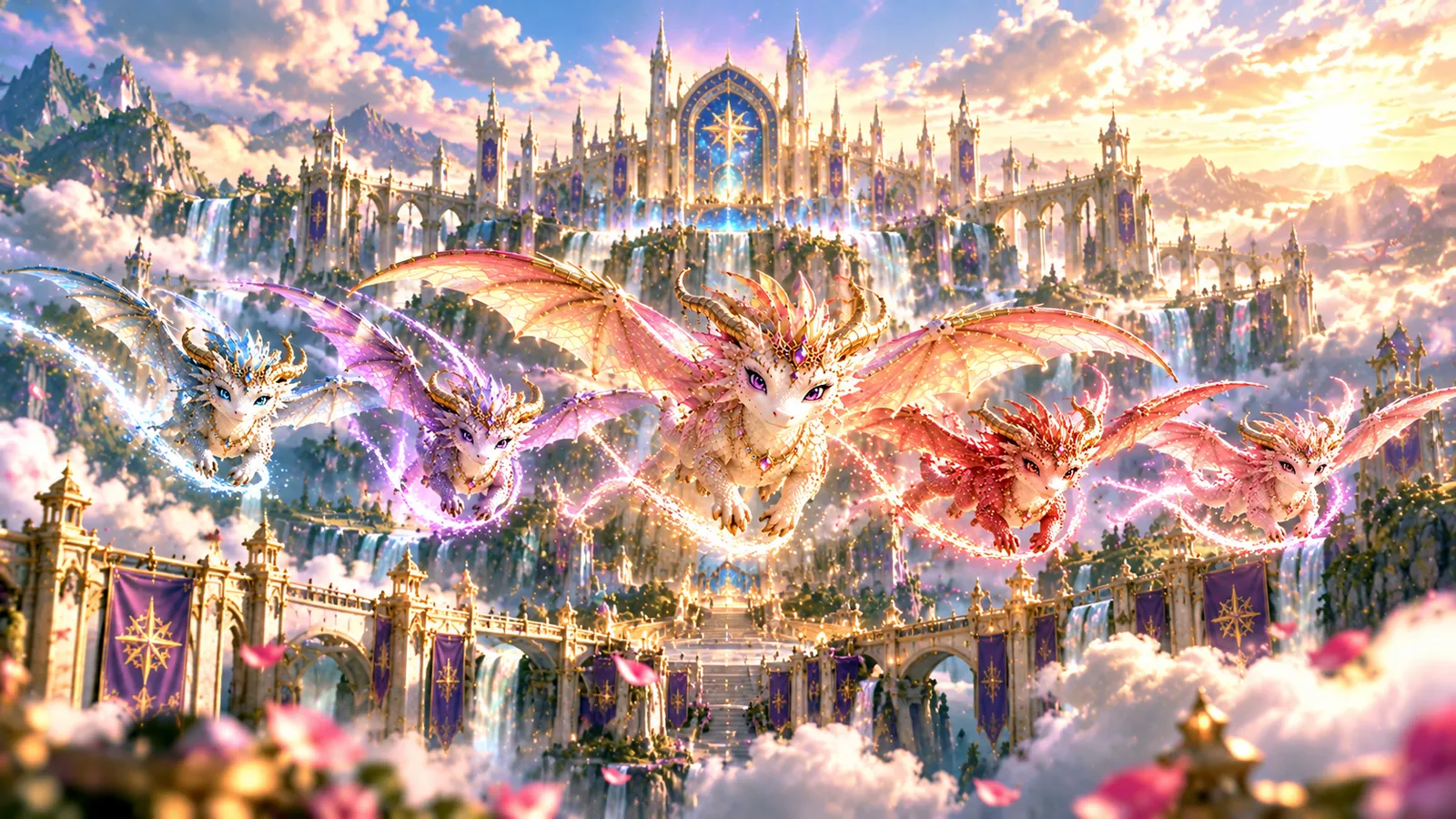 The five friends flying out over the Academy at sunrise