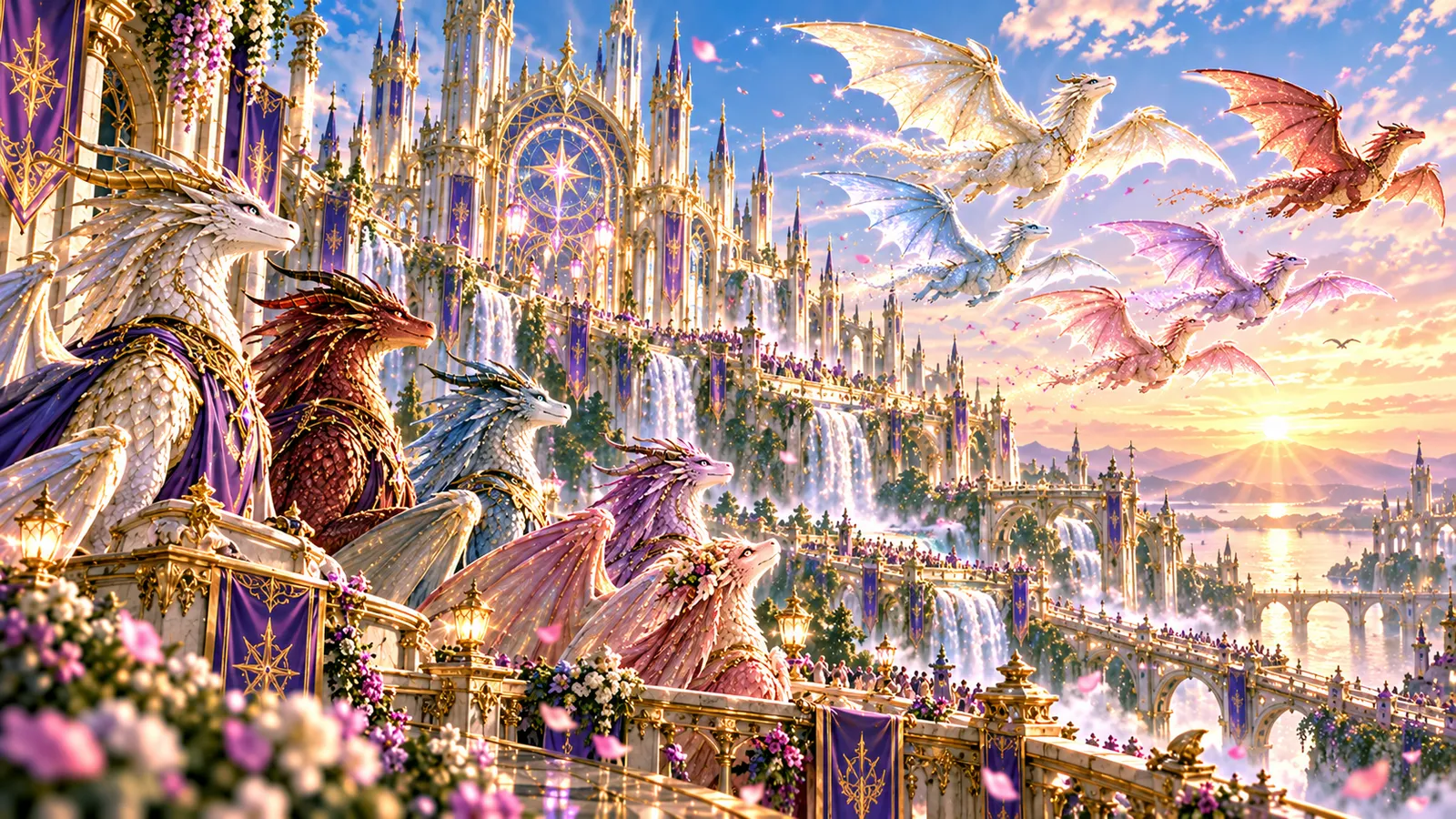 The Elders watching from the Academy terrace as the five friends fly into the sunrise