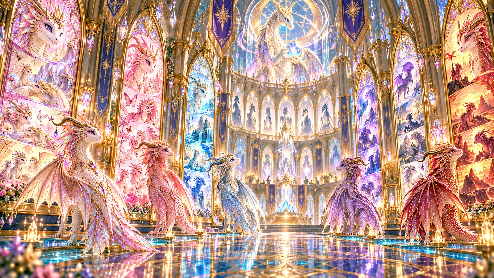 The five friends in the Hall of Truth, its glass walls filled with the stories of Academy dragons