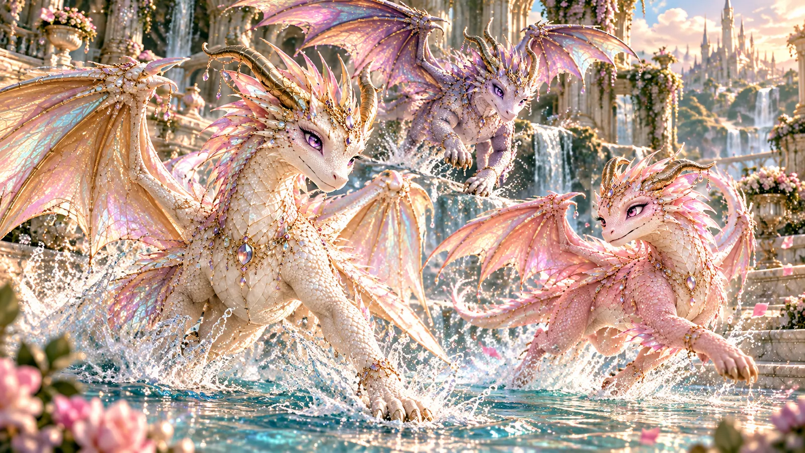 Aster and Λούσι splashing through the fountain while Χάρπερ leaps from the falls