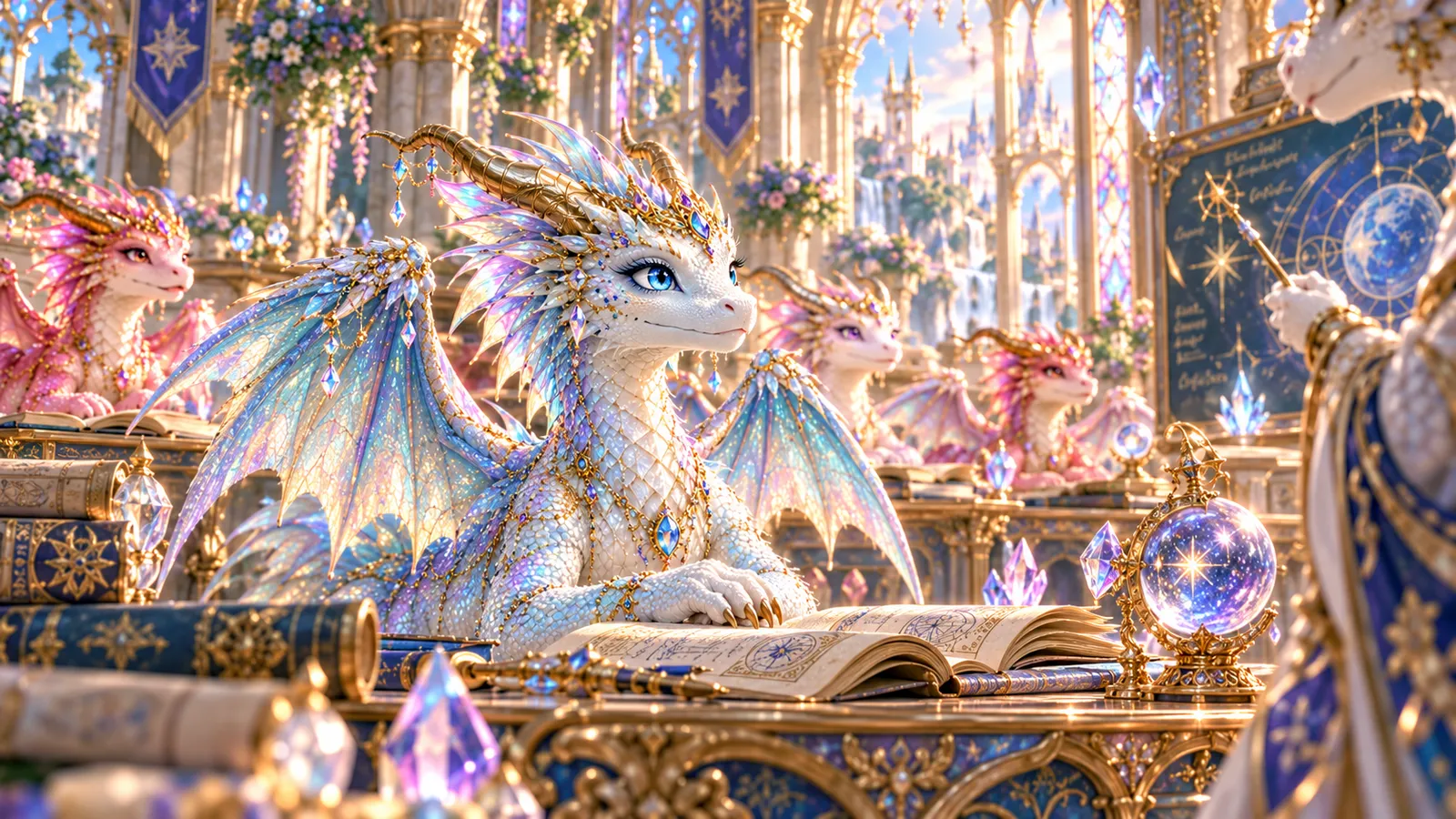 Σάρλοτ at her desk in the star library with an open book of star maps