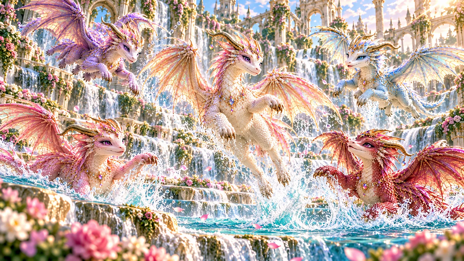 The five friends leaping and splashing in the waterfall pools