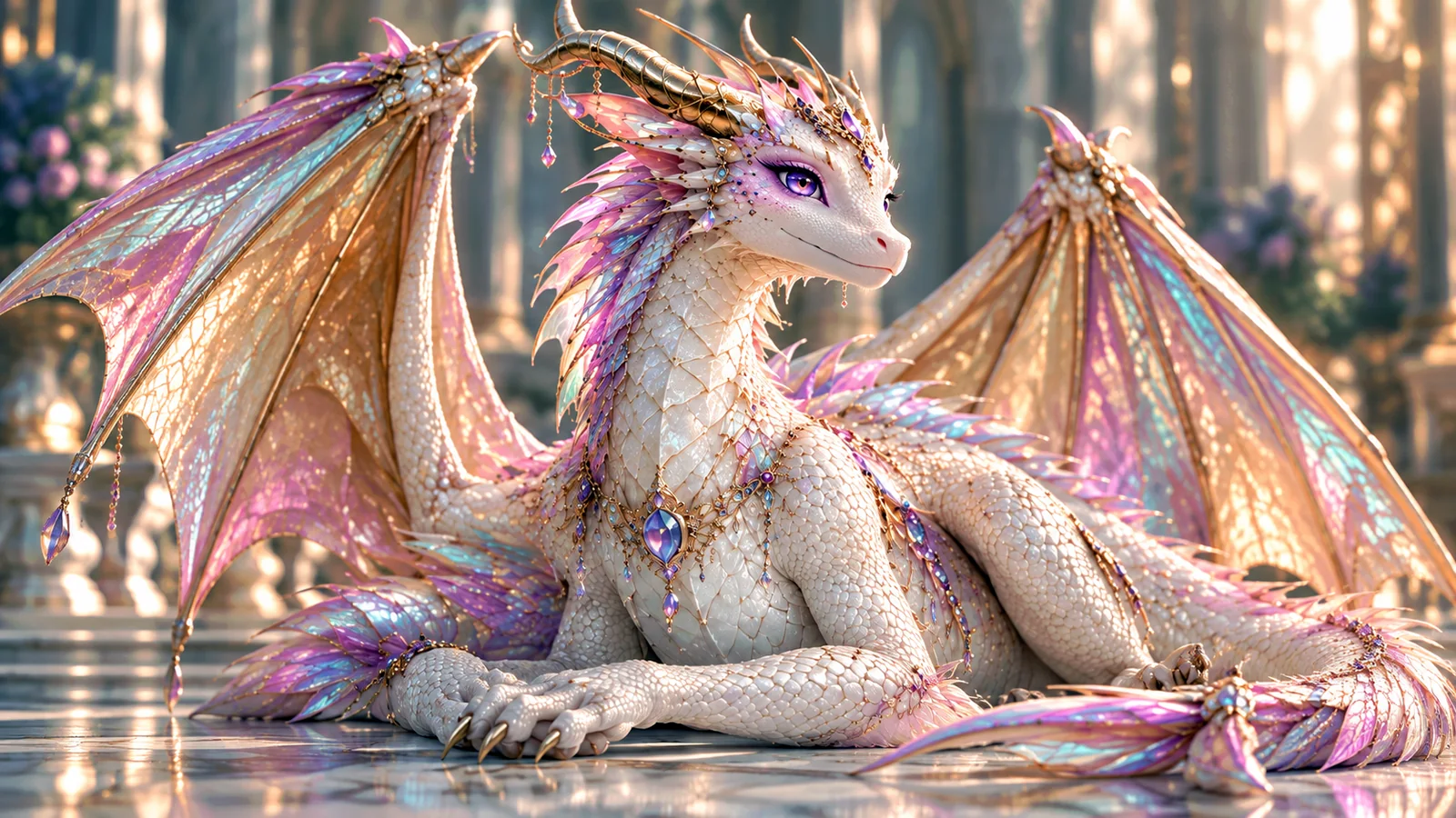 Aster resting in the palace with her wings open