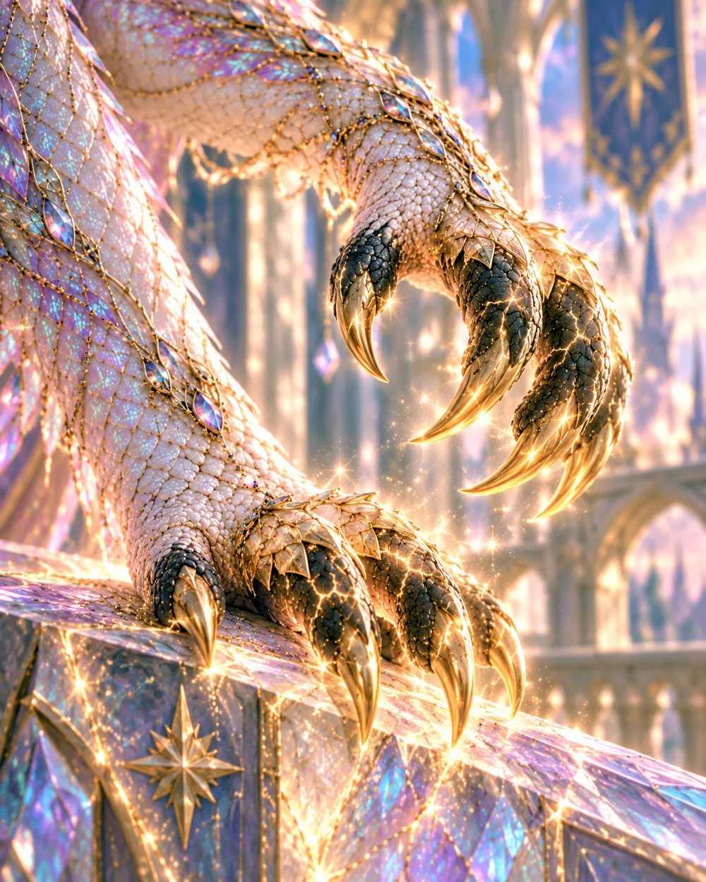 A pearl-scaled dragon’s claws, dark at the root and shining gold at the tips, resting on a crystal balcony