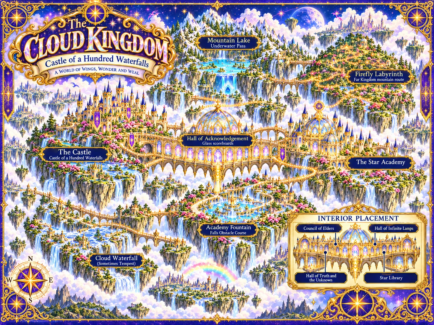 Map of the Cloud Kingdom: the Castle, the Hall of Acknowledgement, Star Academy, the Mountain Lake, the Firefly Labyrinth, the Academy Fountain, the Cloud Waterfall, and inside the Academy the Council of Elders, the Hall of Infinite Lamps and the Hall of Truth and the Unknown