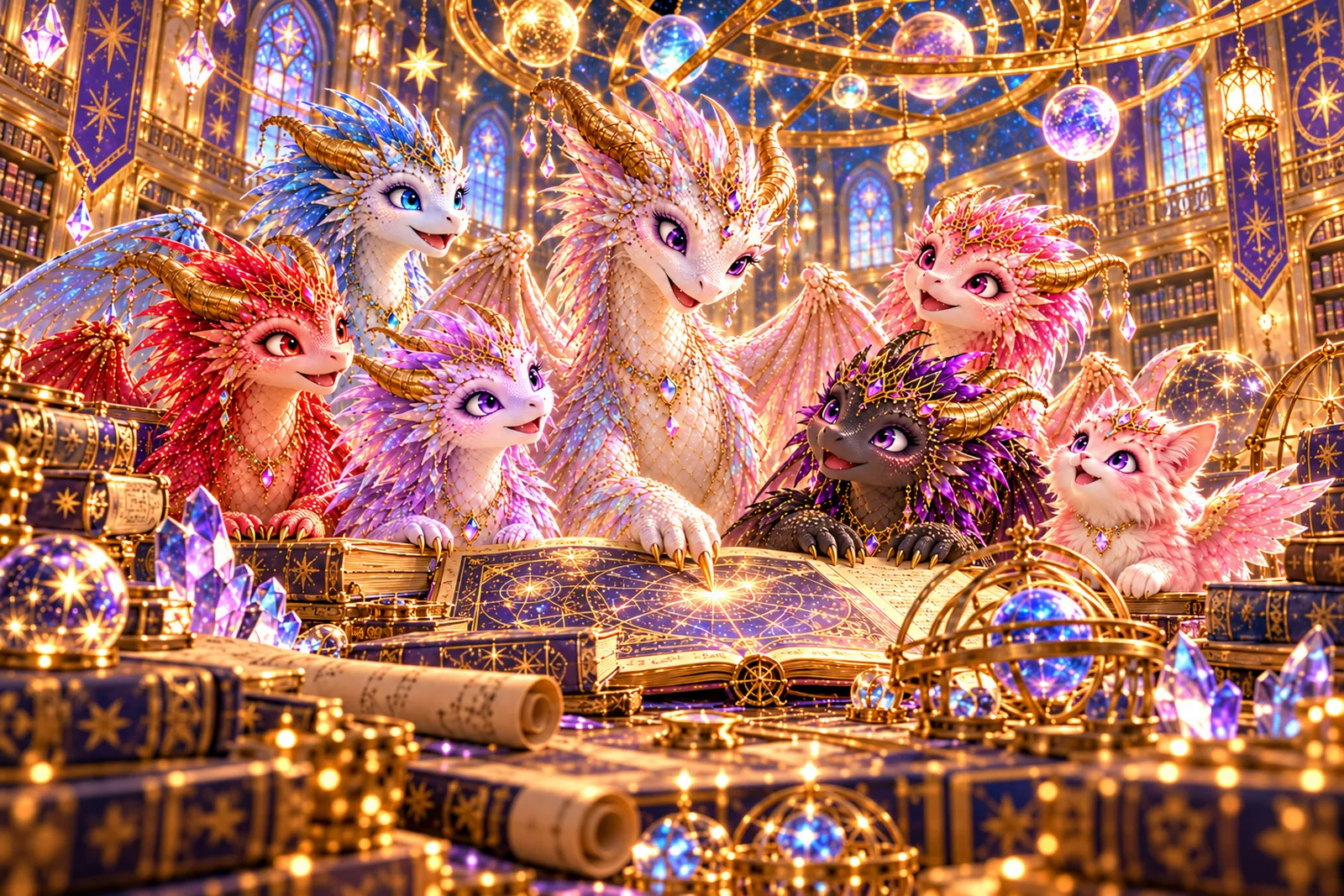 The seven Light Seekers reading together in the Star Library