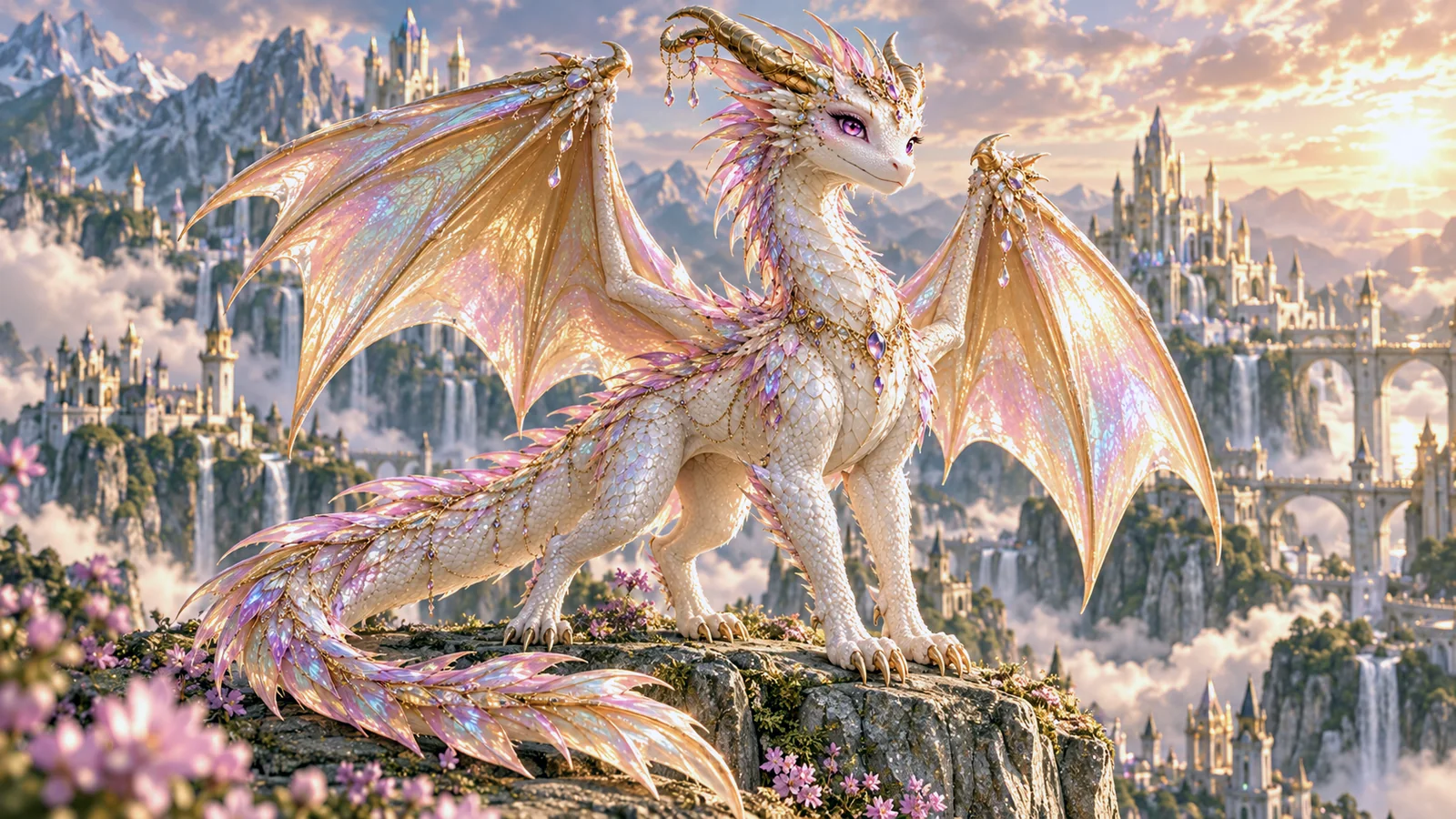 Aster standing tall above a valley of castles and waterfalls
